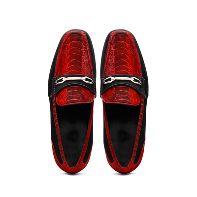 Marco Di Milano Red-Black Hugo Sueded Ostrich Leg Bit Loafers 4 HUGO OSL_OSTRICH LEG_RED-BLACK_8  - from alligatorwarehouse.com
