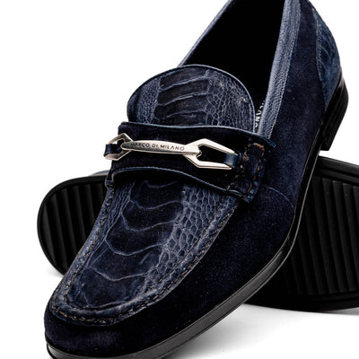 Marco Di Milano Navy Hugo Sueded Ostrich Leg Bit Loafers 3 HUGO OSL_OSTRICH LEG_NAVY-NAVY_8  - from alligatorwarehouse.com