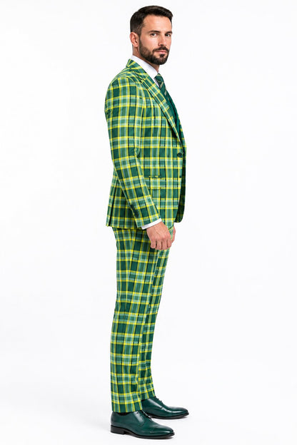 Men's Designer One Button Peak Lapel Italian Wool Suit with Double Breasted Vest in Hunter Green Plaid