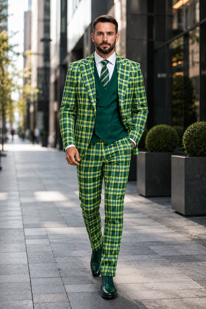 Men's Designer One Button Peak Lapel Italian Wool Suit with Double Breasted Vest in Hunter Green Plaid