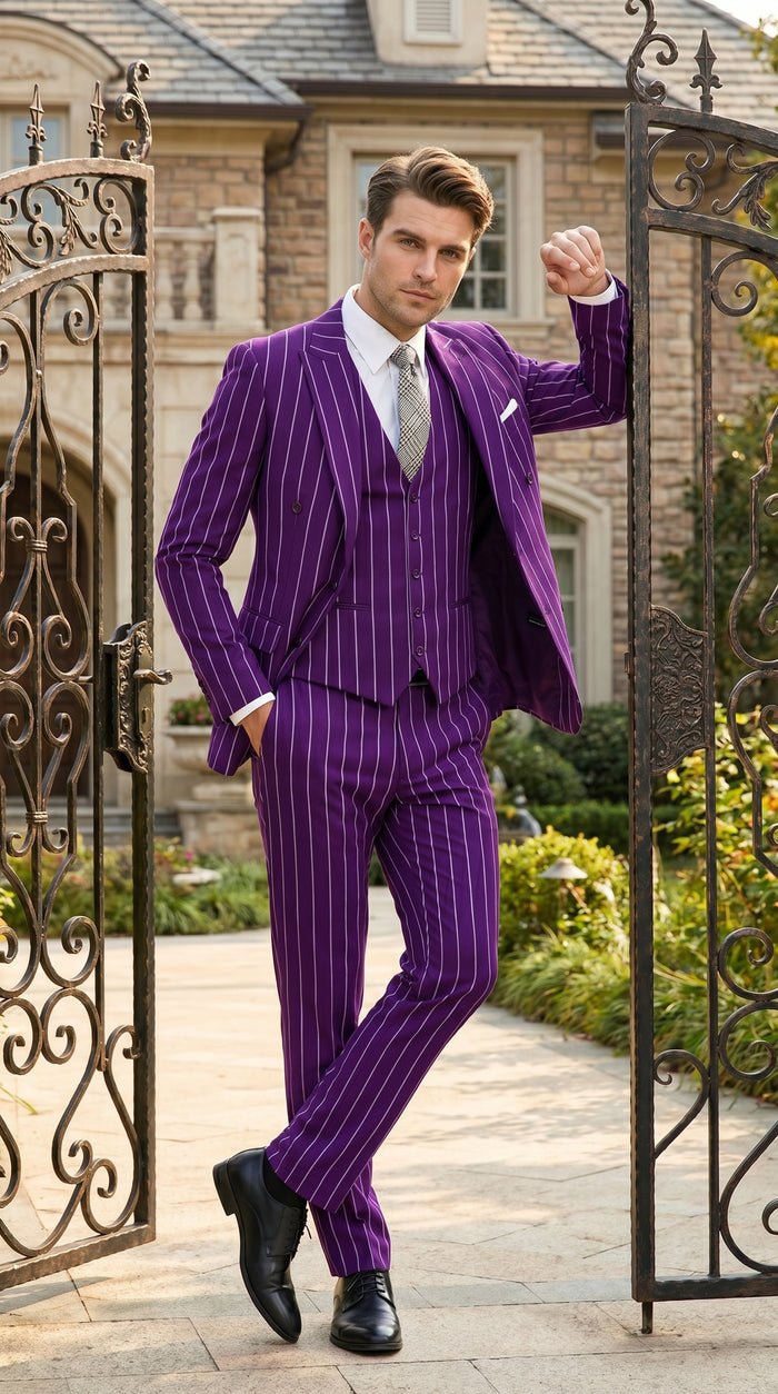 Men’s Purple Pinstripe 1920s Gangster Suit with Jacket, Vest and Pants, Vintage Formal Dress Suit
