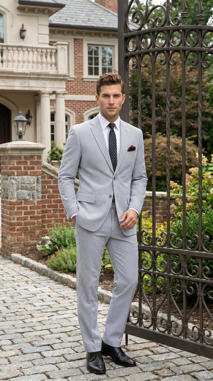 Men’s Black Pinstripe Summer Seersucker 2 Piece Suit with Jacket and Pants