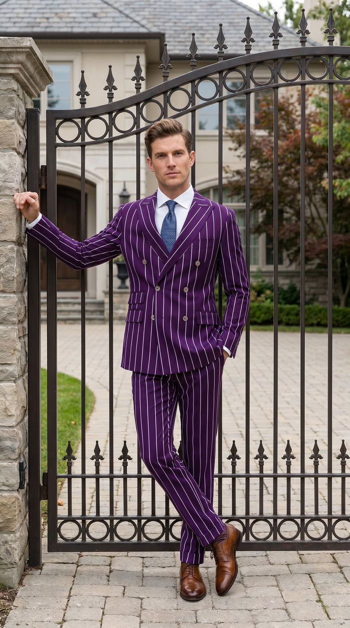 Men’s Dark Purple Pinstripe Double Breasted 1920s Gangster Suit, Vintage Formal Dress Suit