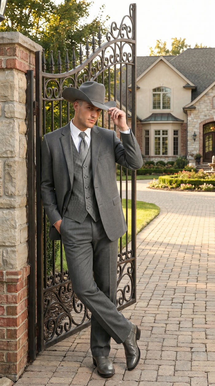 Men’s Grey 2 Button Trim Cowboy Tuxedo with Vest, Western Wedding Formal Suit