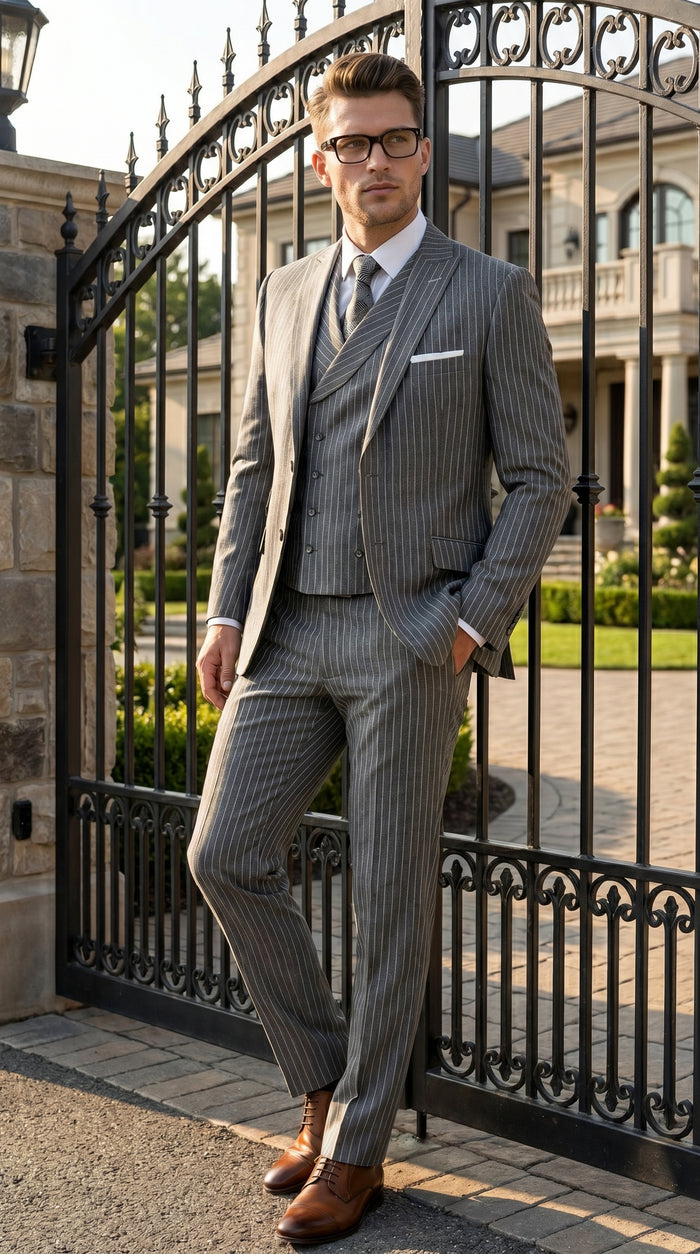 Men’s Grey Pinstripe Double Breasted Vest Suit 2 Button Gangster Style Formal Suit