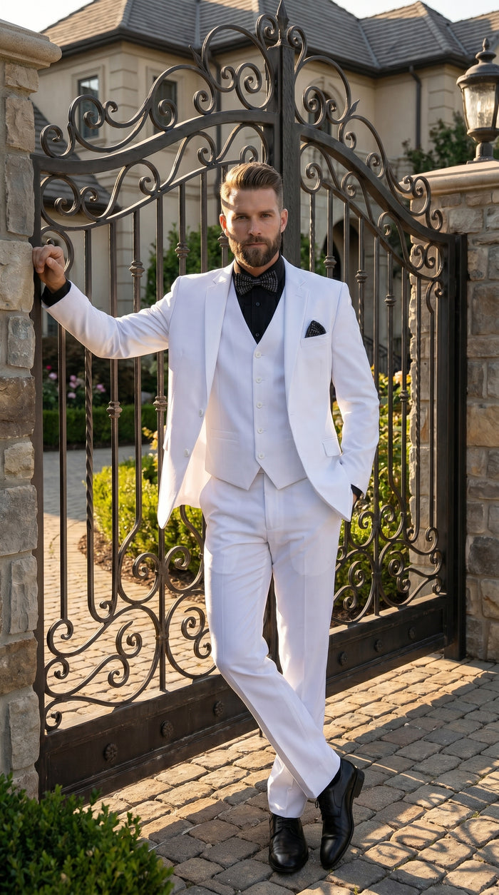 Men’s White Disco Suit with Jacket, Vest and Pants, Saturday Night Style Formal Party Suit