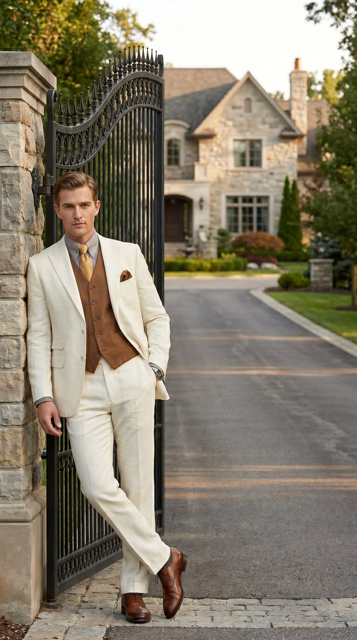 Men’s Ivory Great Gatsby Inspired Suit with Jacket, Vest and Pants, Vintage Formal Wedding Suit