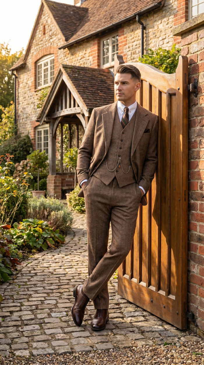Men’s Light Brown Great Gatsby Inspired Tweed Herringbone Vested Suit, Vintage Formal Wedding Suit