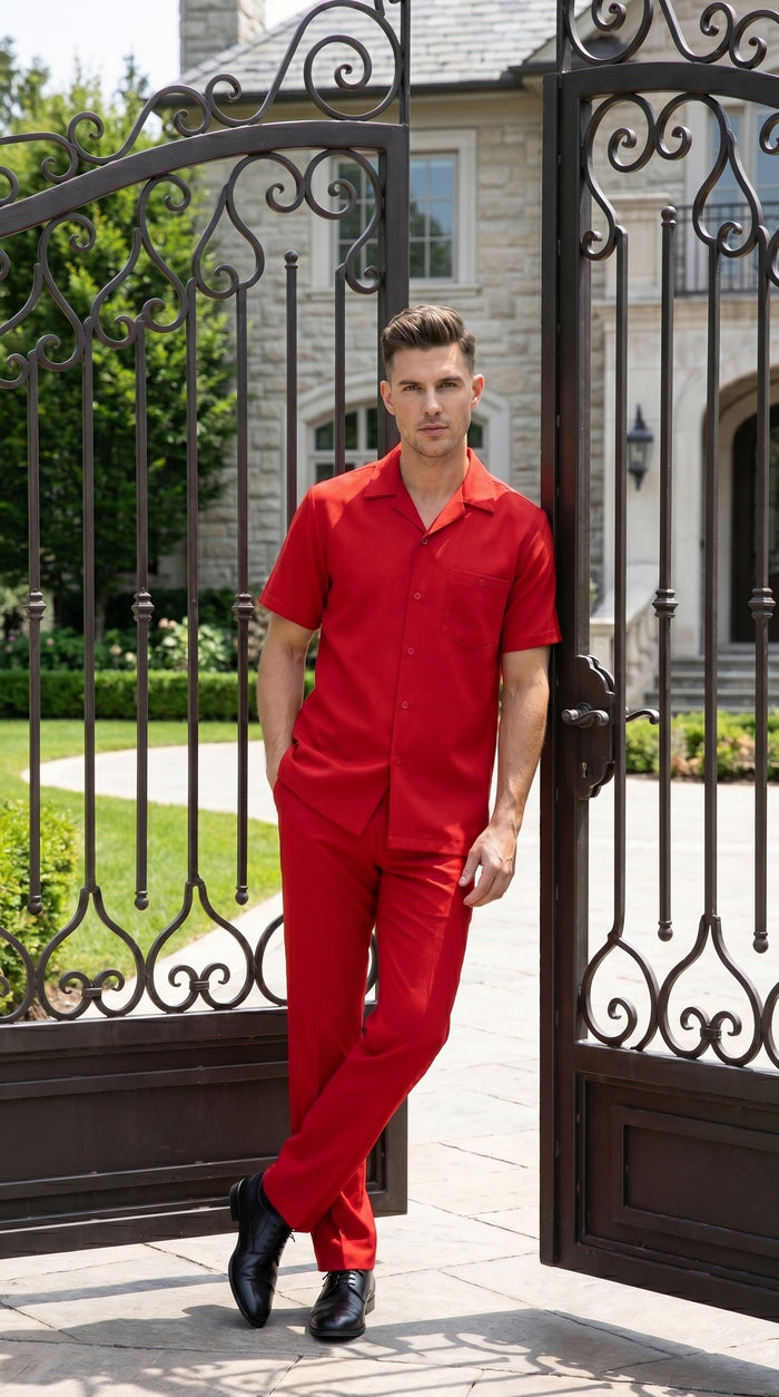 Men’s Red Short Sleeve Walking Suit with Matching Pants, Casual Summer Dress Outfit