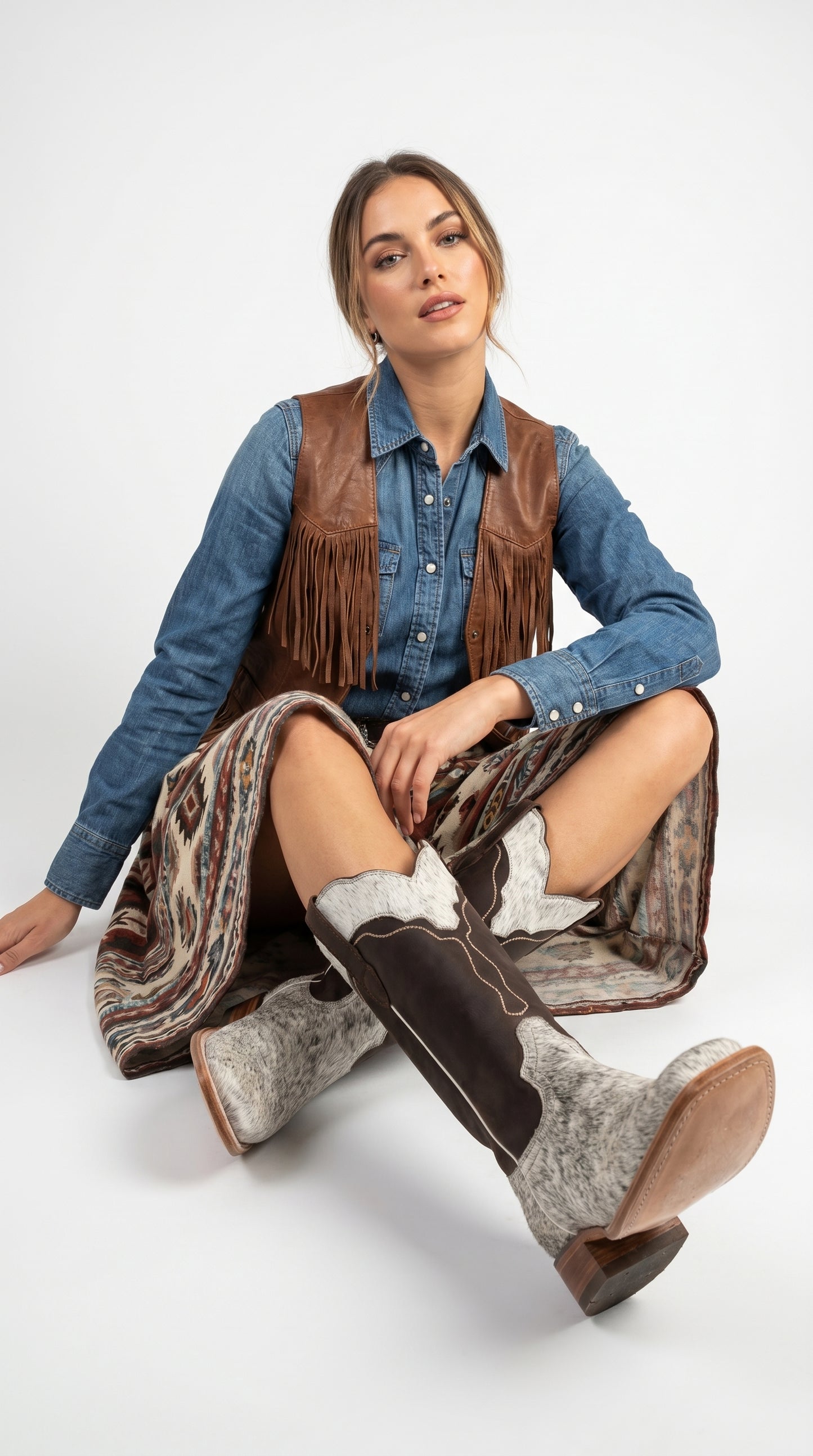 Women’s White and Brown Cowhide Leather Rodeo Boots, Western Pull On Cowboy Boots