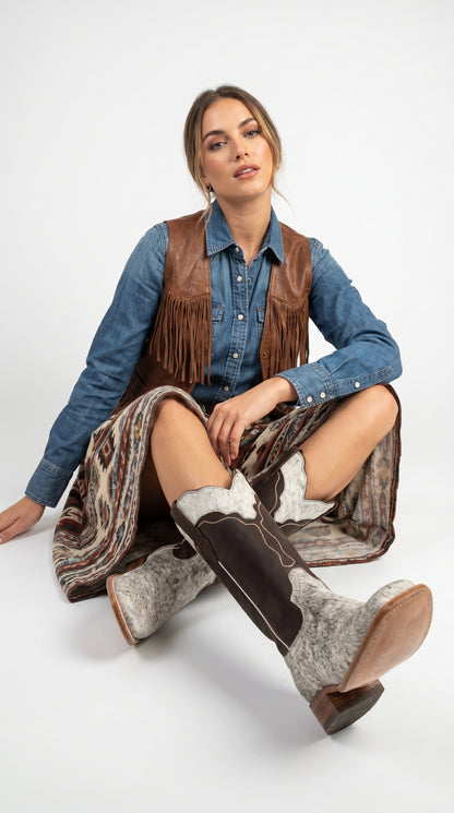 Women’s White and Brown Cowhide Leather Rodeo Boots, Western Pull On Cowboy Boots