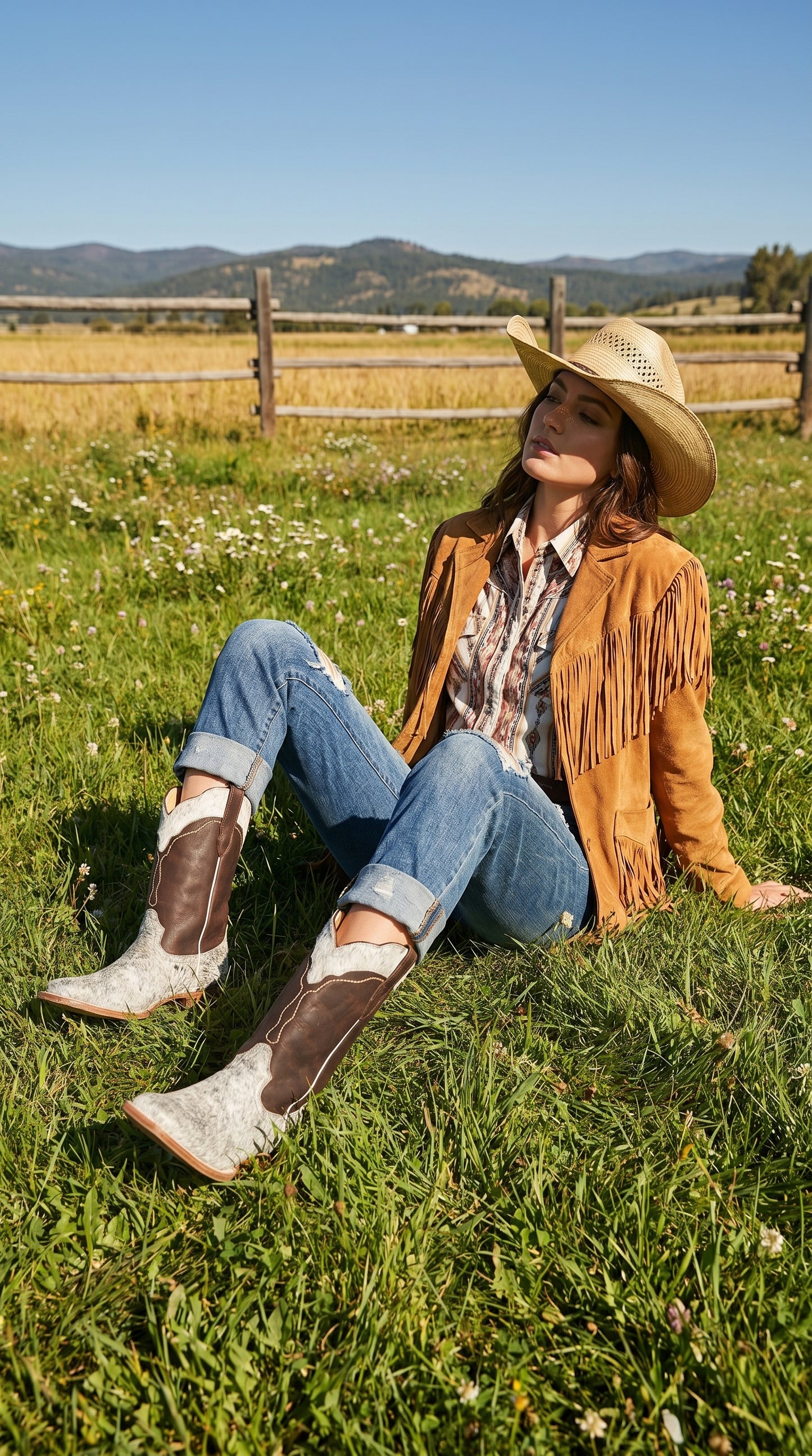 Women’s White and Brown Cowhide Leather Rodeo Boots, Western Pull On Cowboy Boots
