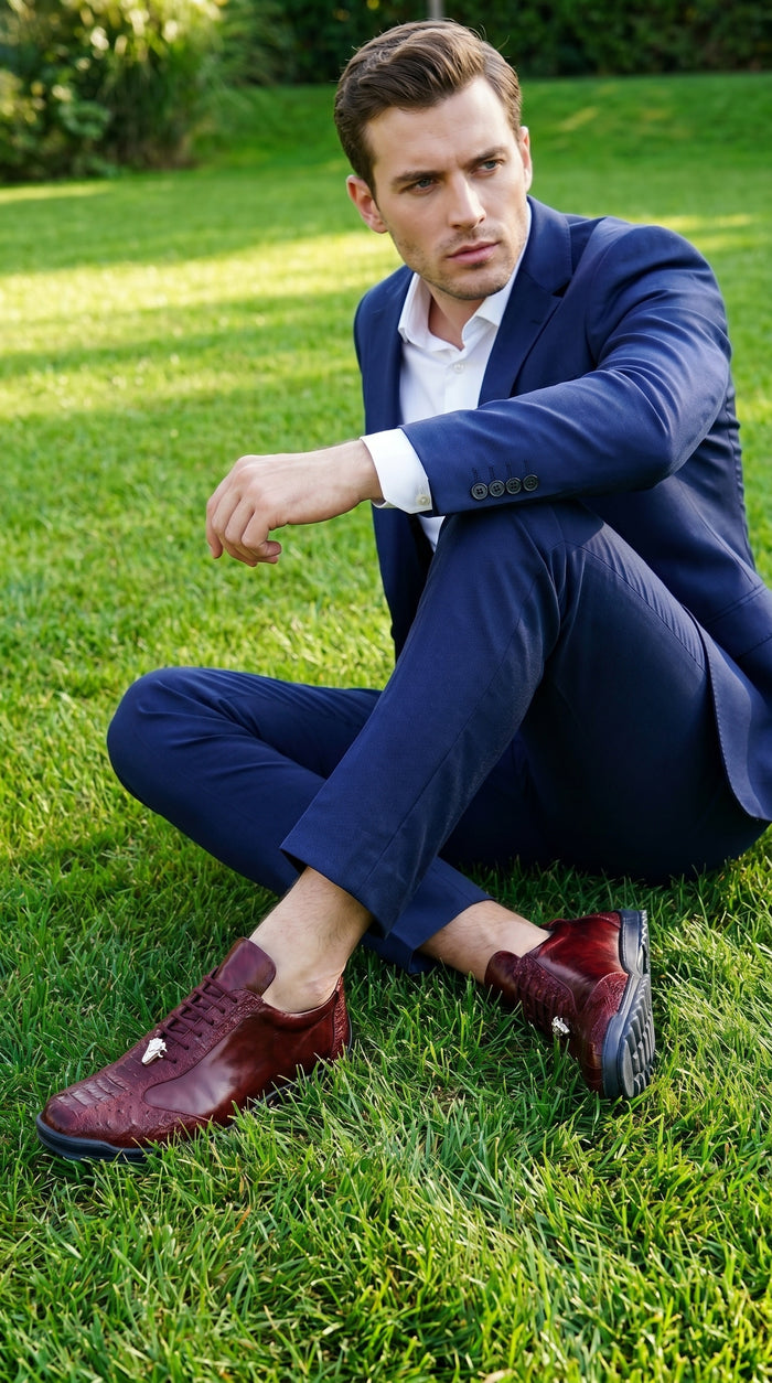 Men’s Wine Ostrich Leg Leather Sneakers with Lace Up Front, Exotic Casual Dress Shoes