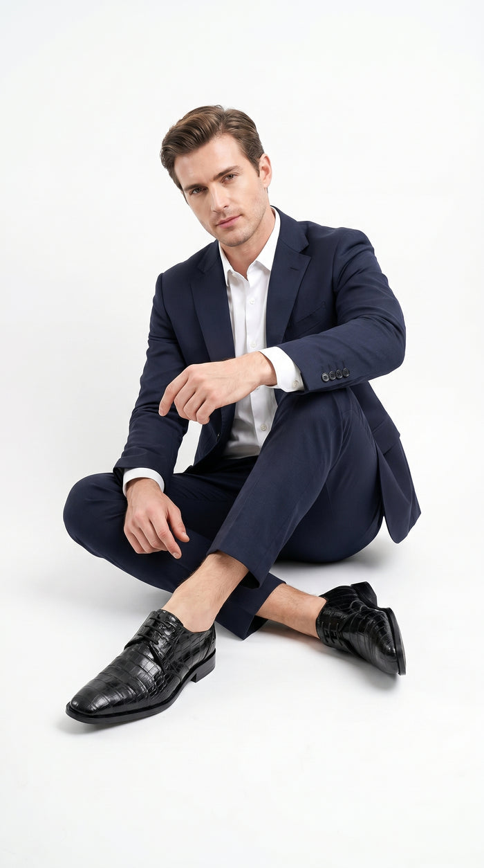 Men’s Los Altos Black Crocodile Dress Shoes with Italian Toe, Exotic Formal Lace Up Shoes