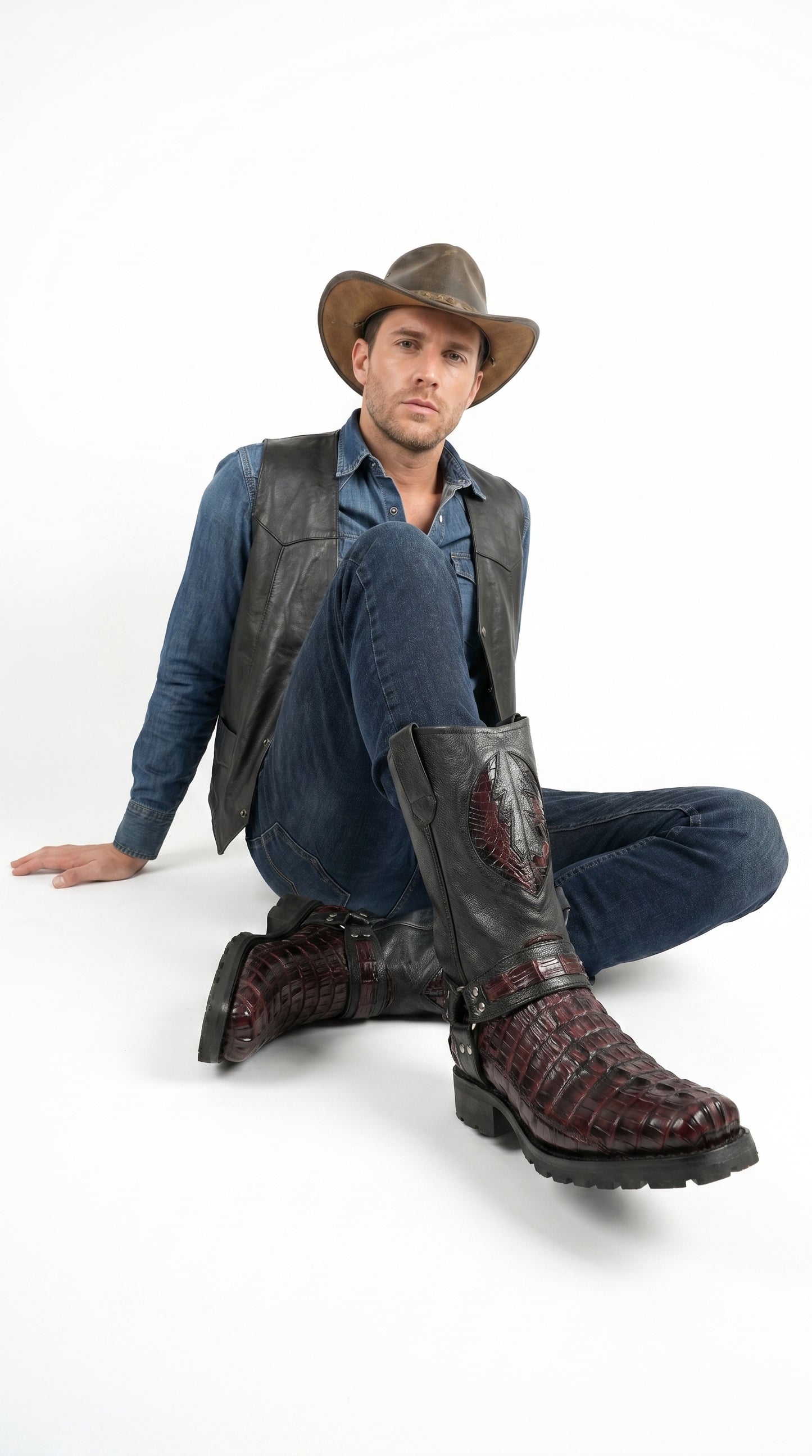 Men’s Los Altos Black and Burgundy Caiman Tail Skin Biker Boots, Exotic Western Motorcycle Boots
