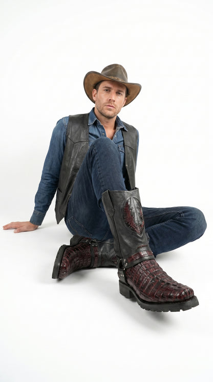 Men’s Los Altos Black and Burgundy Caiman Tail Skin Biker Boots, Exotic Western Motorcycle Boots