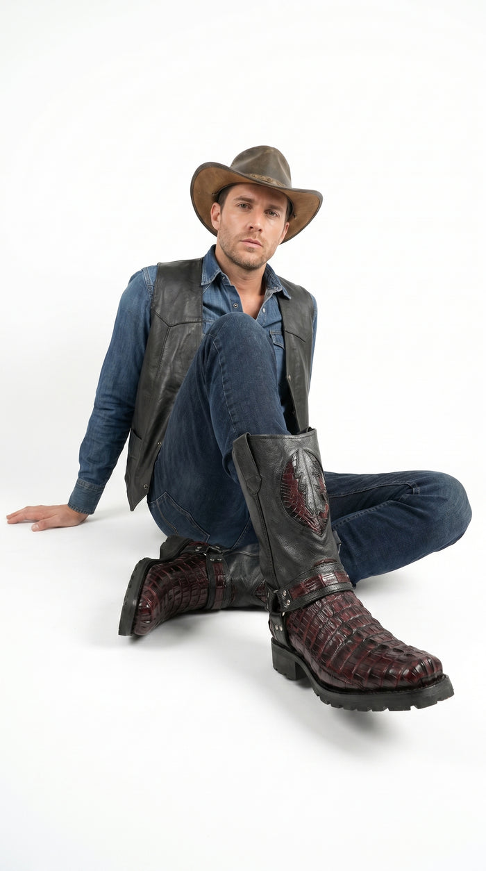 Men’s Los Altos Black and Burgundy Caiman Tail Skin Biker Boots, Exotic Western Motorcycle Boots