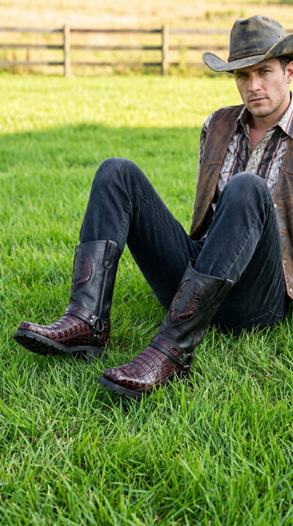 Men’s Los Altos Black and Burgundy Caiman Tail Skin Biker Boots, Exotic Western Motorcycle Boots