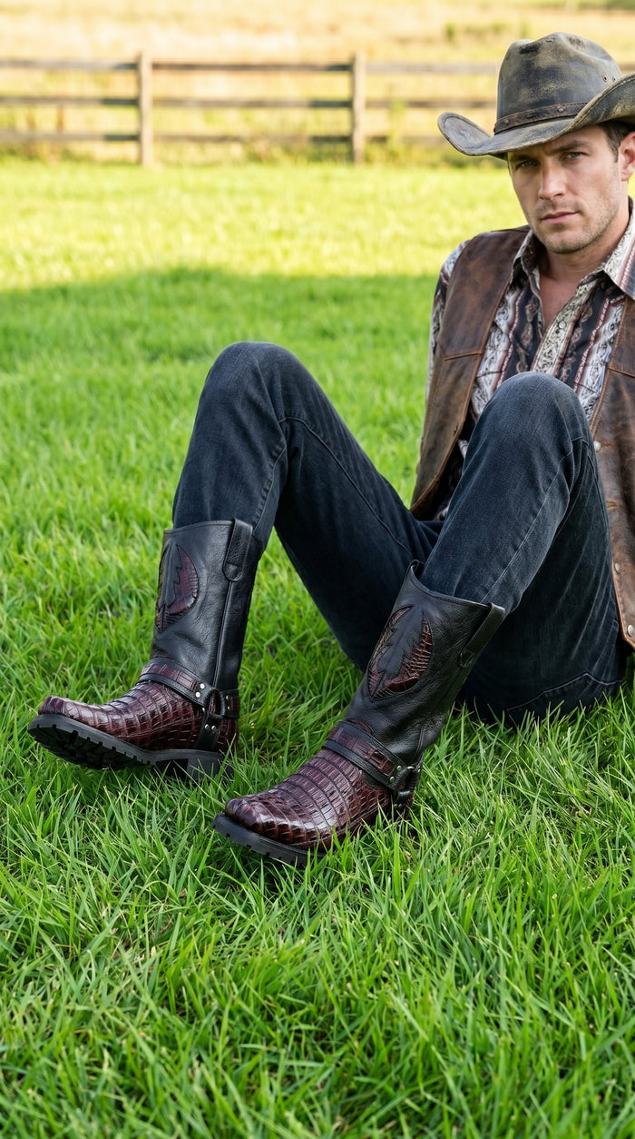 Men’s Los Altos Black and Burgundy Caiman Tail Skin Biker Boots, Exotic Western Motorcycle Boots