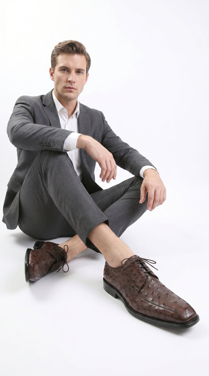 Men’s Los Altos Brown Full Quill Ostrich Dress Shoes with Bicycle Toe and Lace Up Front