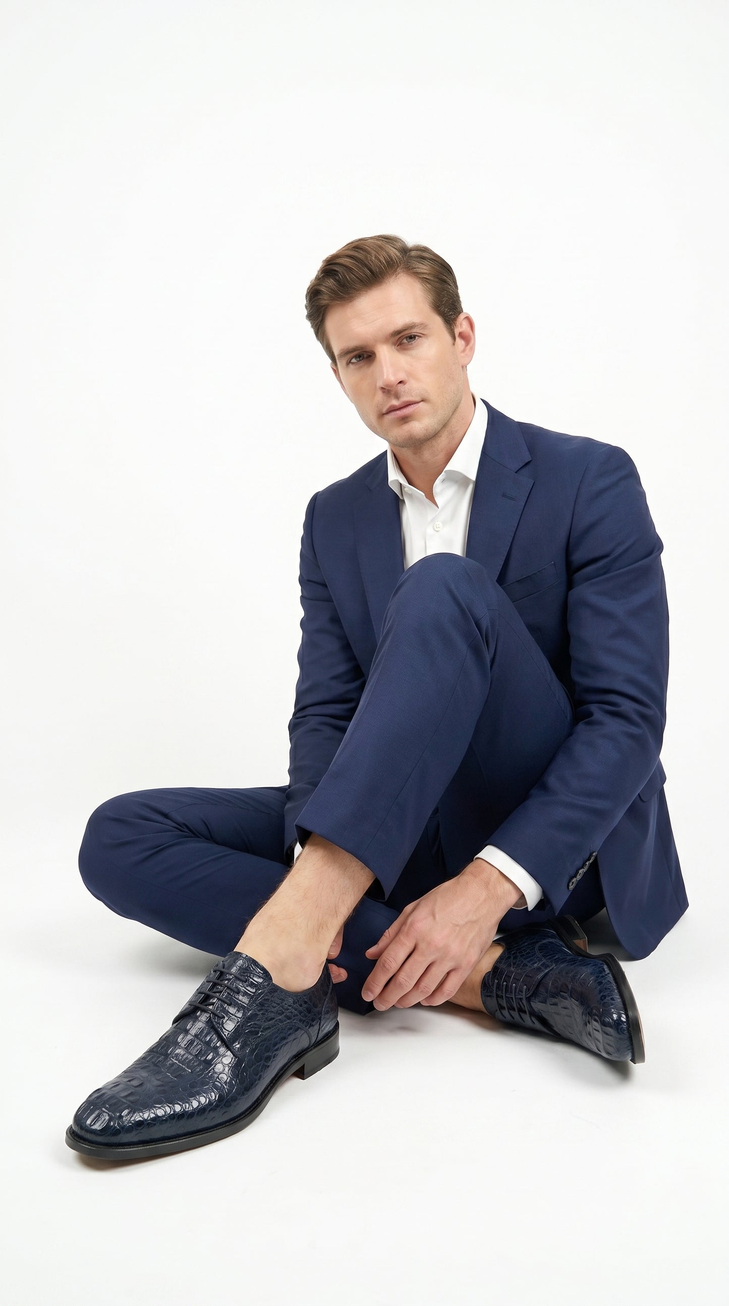 Men’s Los Altos Navy Caiman Hornback Dress Shoes with Plain Toe, Exotic Formal Lace Up Shoes