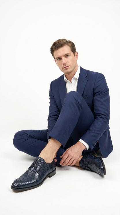 Men’s Los Altos Navy Caiman Hornback Dress Shoes with Plain Toe, Exotic Formal Lace Up Shoes