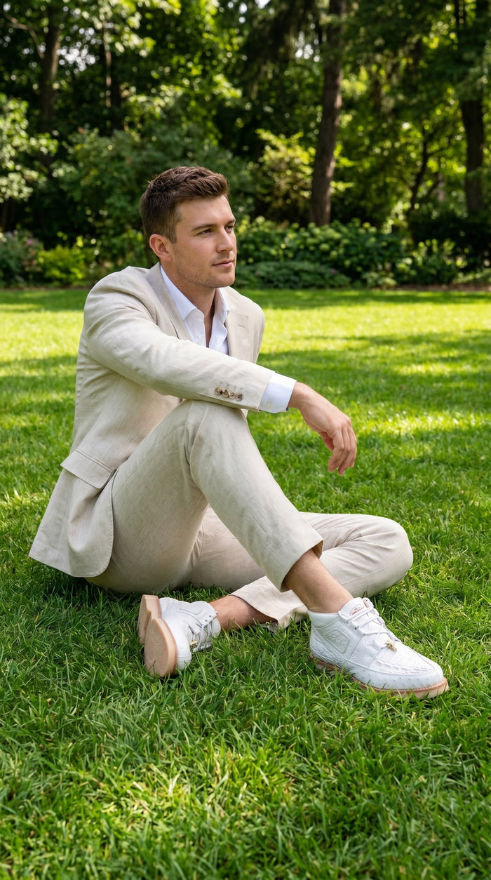 Men’s Los Altos White Caiman and Ostrich Skin Casual Sneakers, Exotic Lace Up Dress Shoes