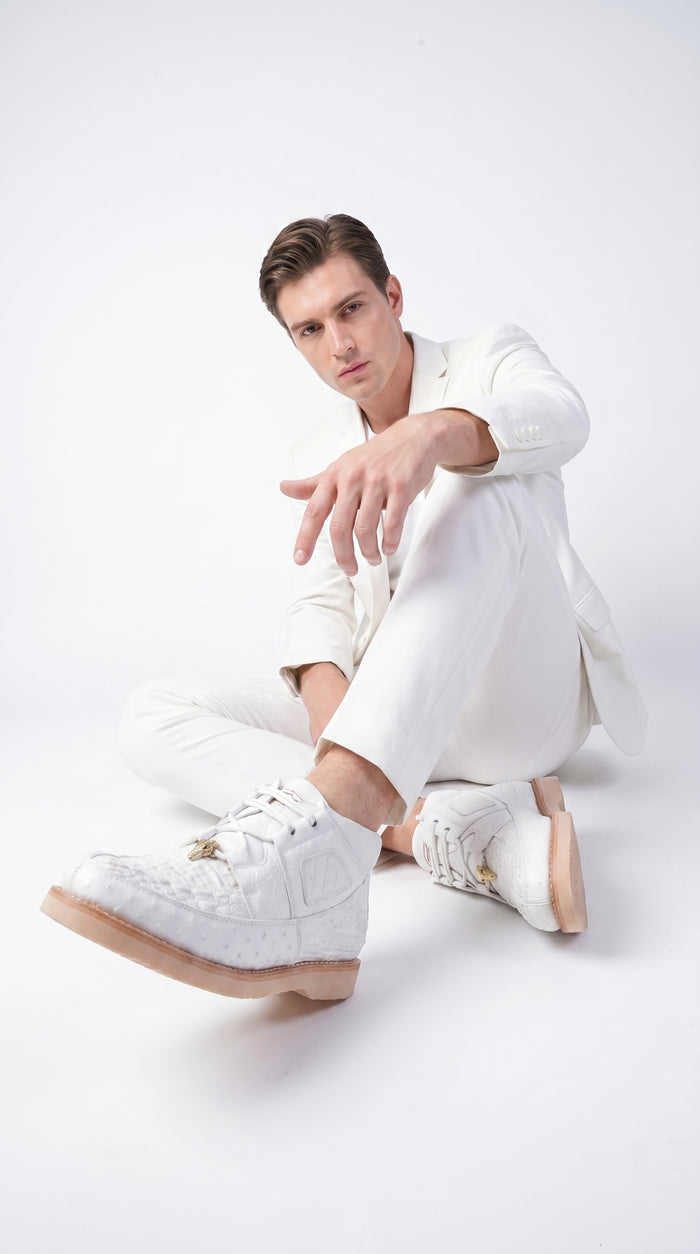 Men’s Los Altos White Caiman and Ostrich Skin Casual Sneakers, Exotic Lace Up Dress Shoes