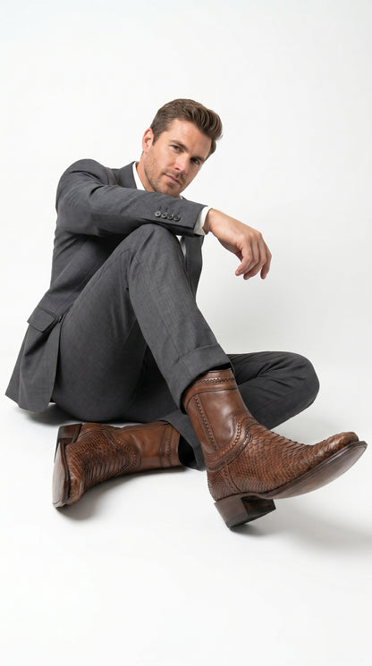 Men’s Los Altos Porto Brown Python Skin Short Boots with European Toe, Exotic Western Dress Boots