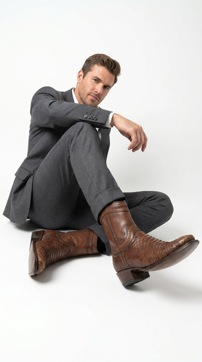 Men’s Los Altos Porto Brown Python Skin Short Boots with European Toe, Exotic Western Dress Boots
