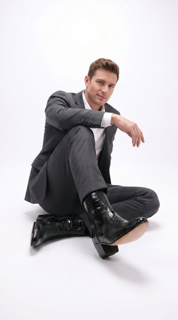 Men’s Los Altos Black Genuine Ostrich Leg Leather Ankle Boots, Exotic Western Dress Boots