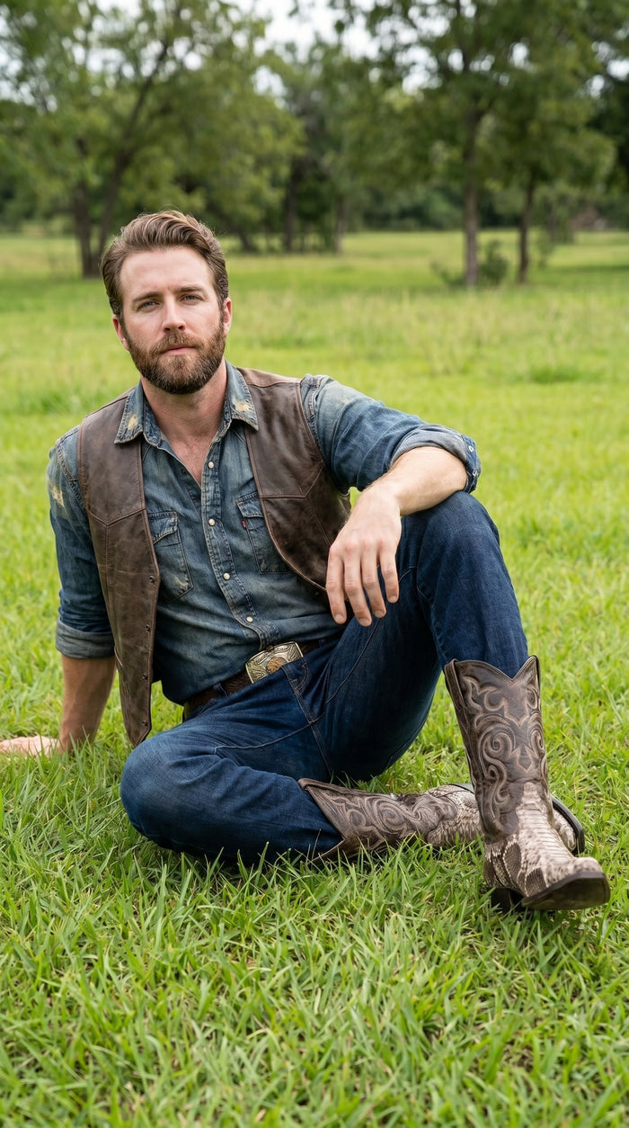 Men’s Los Altos Brown Rustic Python Snip Toe Cowboy Boots, Western Dress Boots