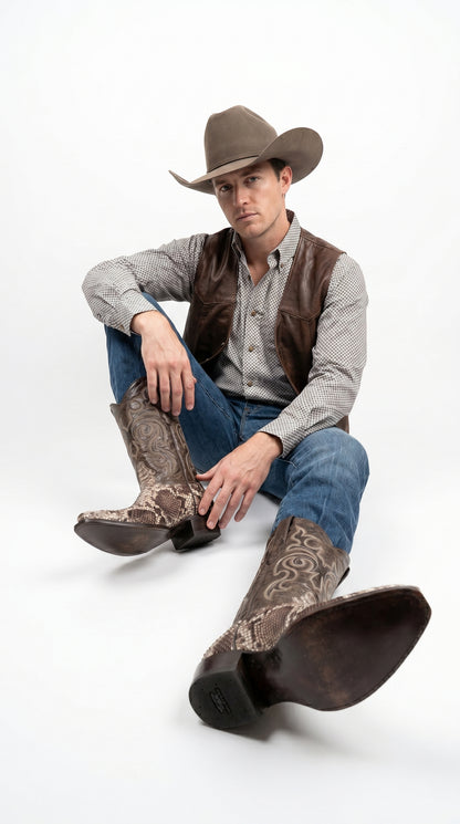 Men’s Los Altos Brown Rustic Python Snip Toe Cowboy Boots, Western Dress Boots