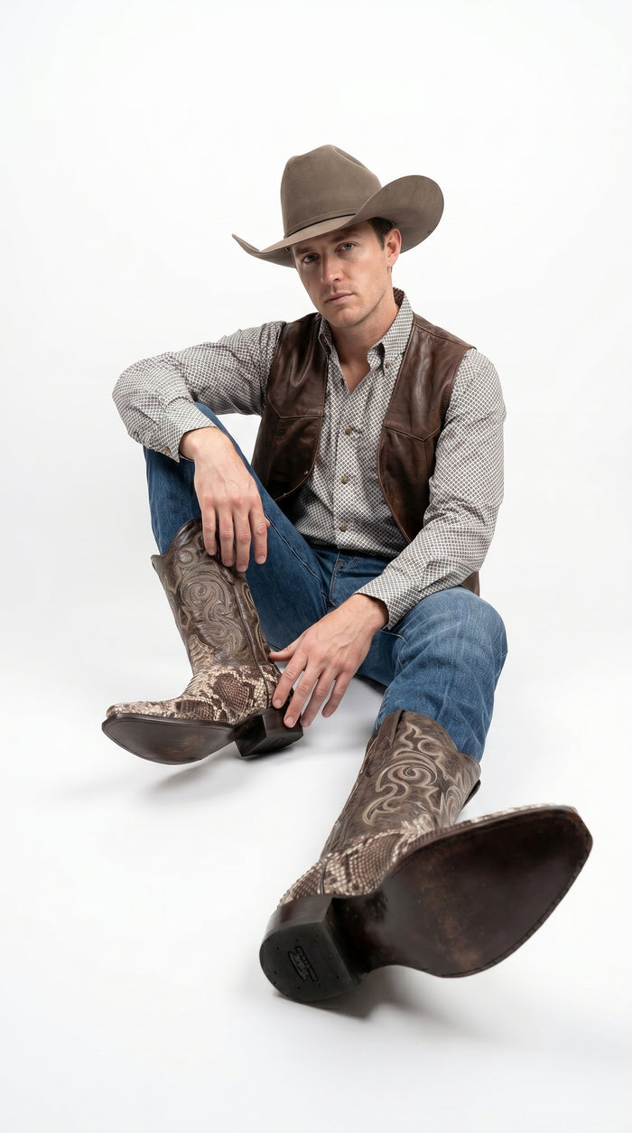 Men’s Los Altos Brown Rustic Python Snip Toe Cowboy Boots, Western Dress Boots