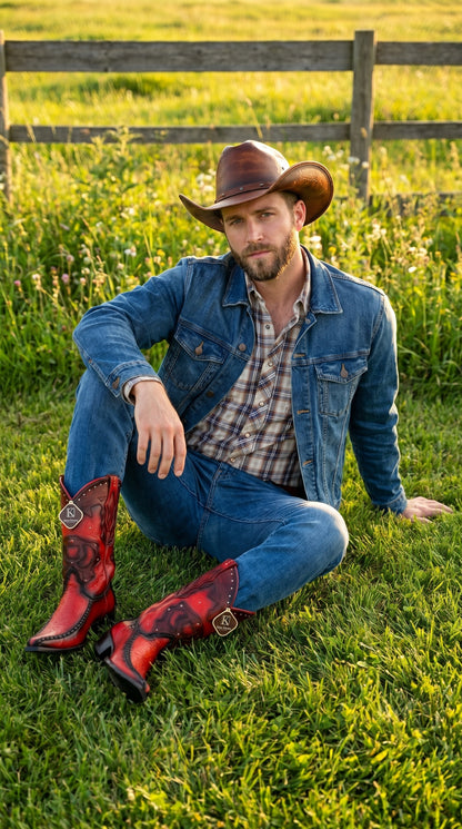 Men’s King Exotic Burnished Red Genuine Sharkskin Cowboy Boots with 3X Toe