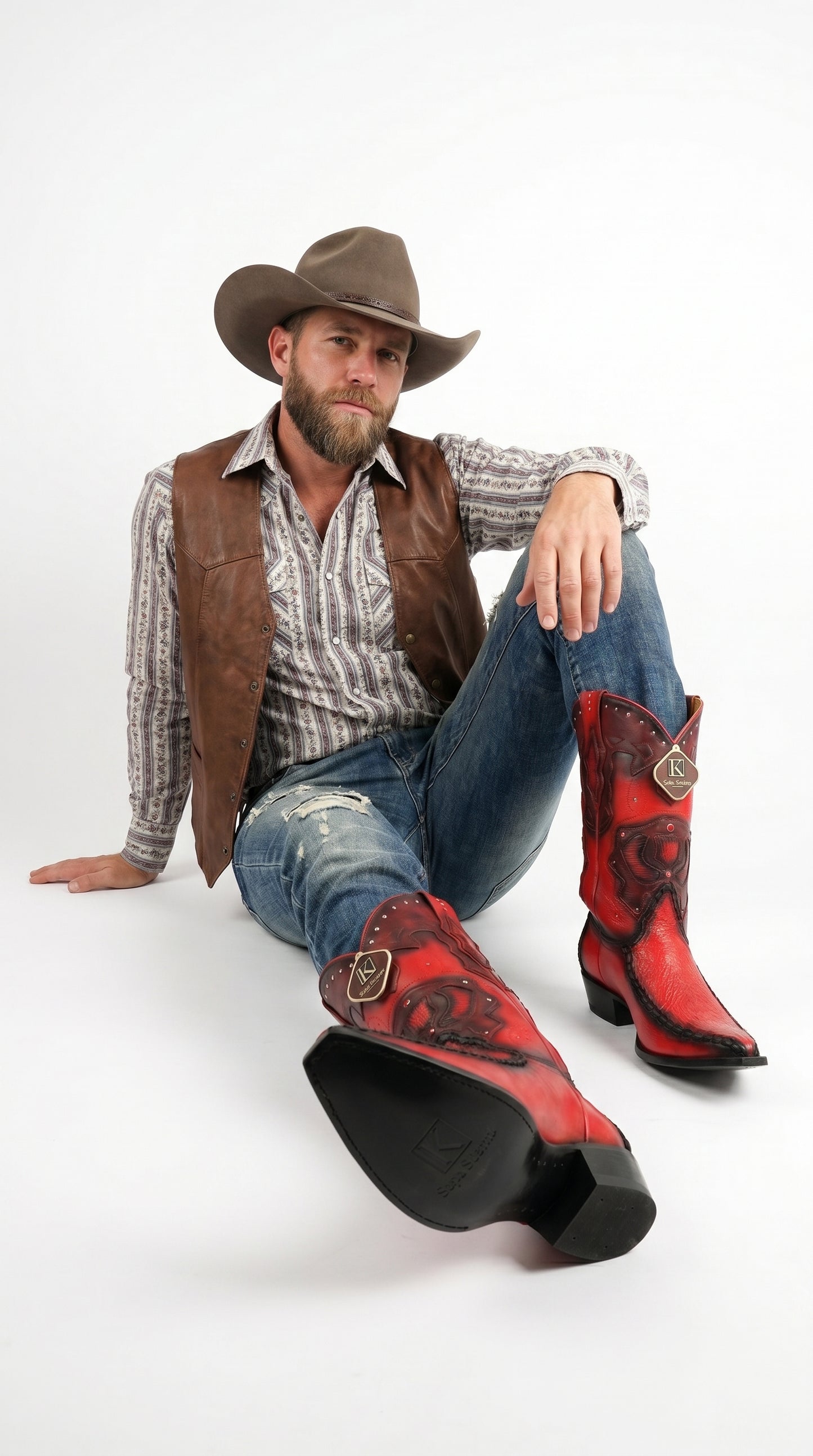 Men’s King Exotic Burnished Red Genuine Sharkskin Cowboy Boots with 3X Toe