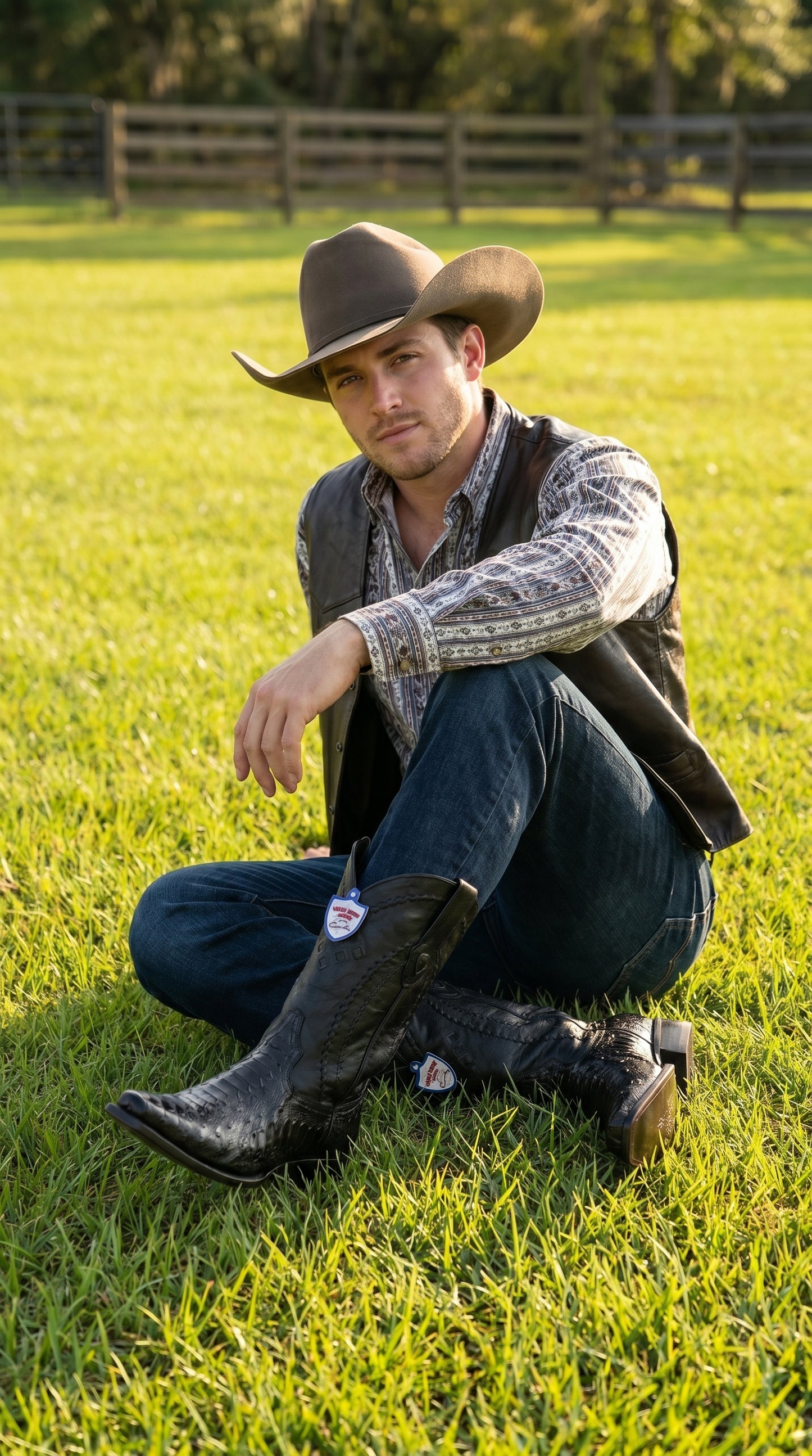 Men’s Black Ostrich Leg Cowboy Boots with Snip Toe, Western Dress Boots