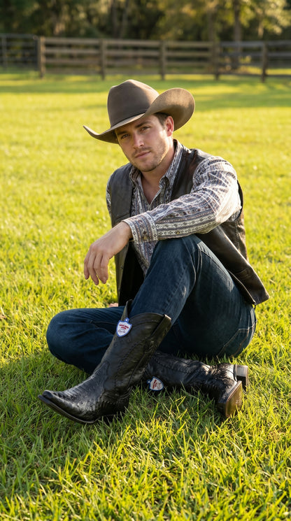 Men’s Black Ostrich Leg Cowboy Boots with Snip Toe, Western Dress Boots