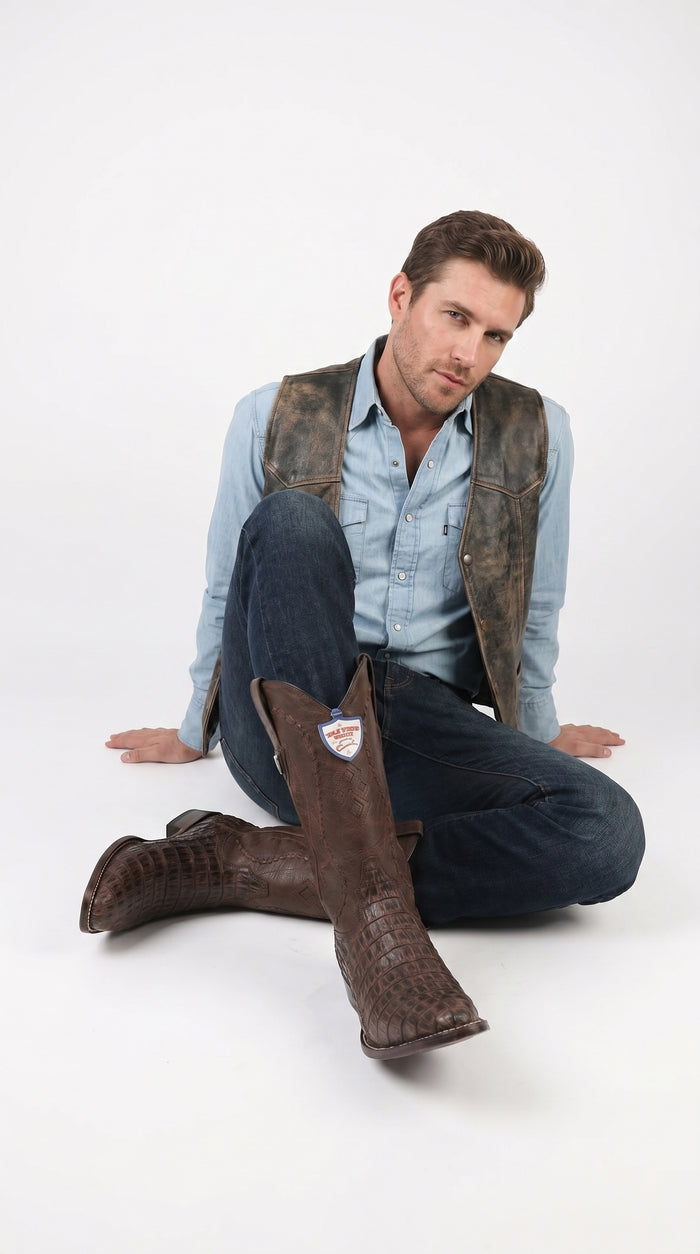Men’s Wild West Brown Caiman Belly Skin 3X Toe Cowboy Boots, Exotic Western Dress Boots 29582-B