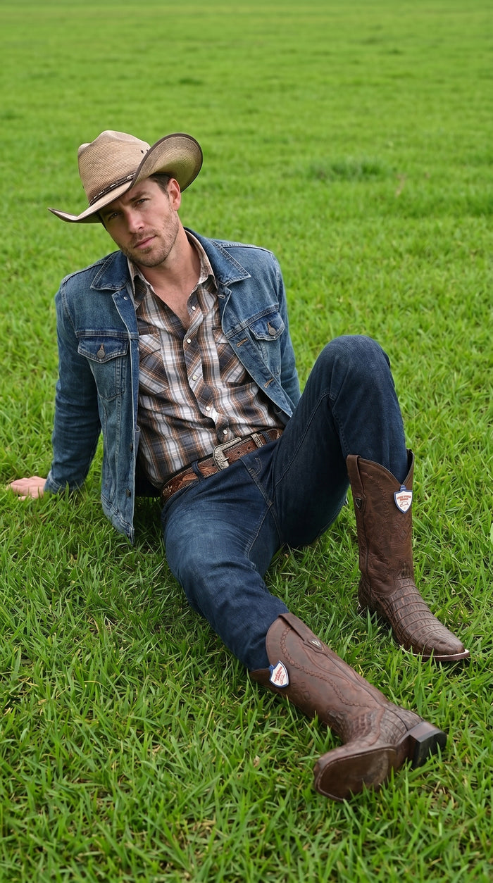 Men’s Wild West Brown Caiman Belly Skin 3X Toe Cowboy Boots, Exotic Western Dress Boots 29582-B