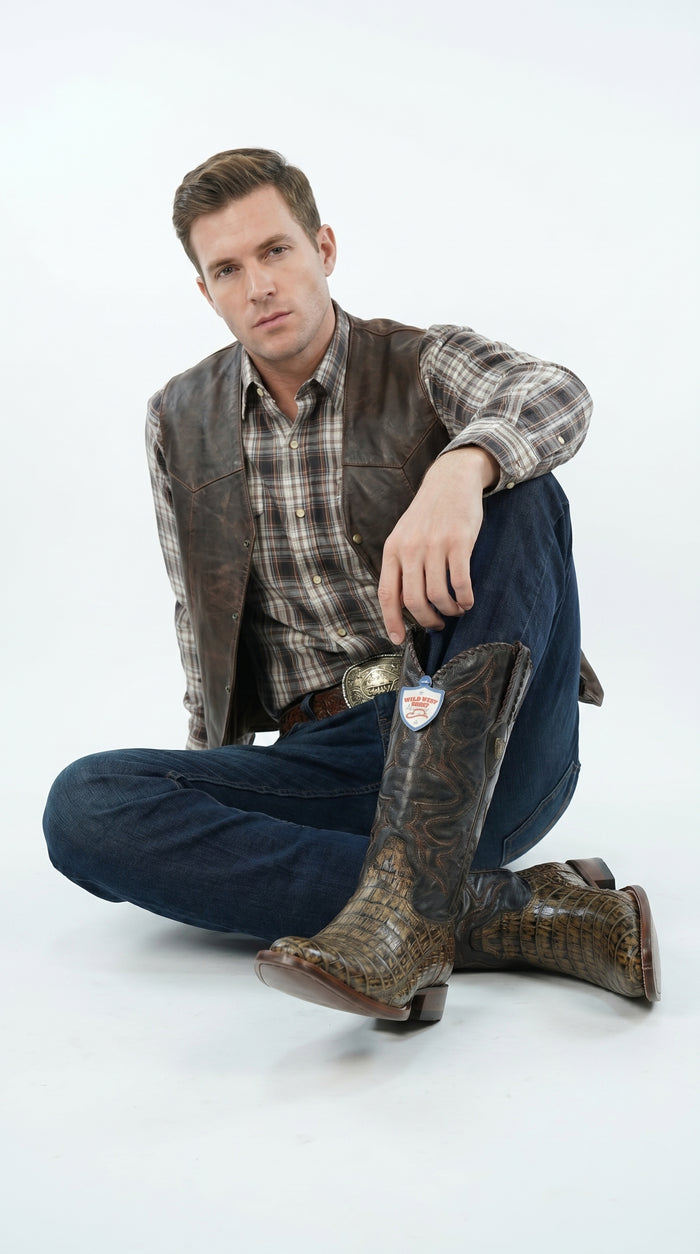 Men’s Wild West Brown Caiman Belly Skin 3X Toe Cowboy Boots, Exotic Western Dress Boots 29582-B