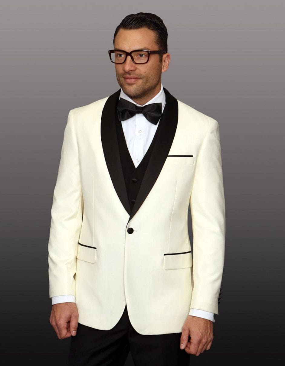Mens 1 Button Shawl Lapel Wool Dinner Jacket in Ivory and  Black