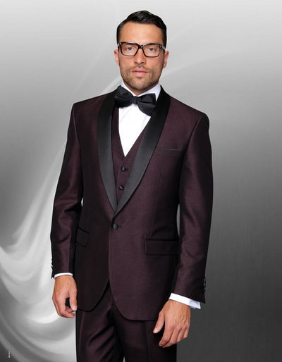 Mens 1 Button Shawl Lapel Vested Wool Wedding | Prom Tuxedo in Burgundy 1 W9-3392  - from alligatorwarehouse.com