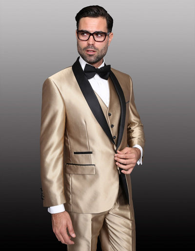 Mens 1 Button Shawl Lapel Vested Wedding | Prom Tuxedo in Gold Sharkskin - Mens Slim Fitted Tuxedo 1 VQ-5214  - from alligatorwarehouse.com
