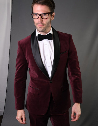 Mens 1 Button Shawl Lapel Velvet Tuxedo in burgundy 1 LQ-0287  - from alligatorwarehouse.com