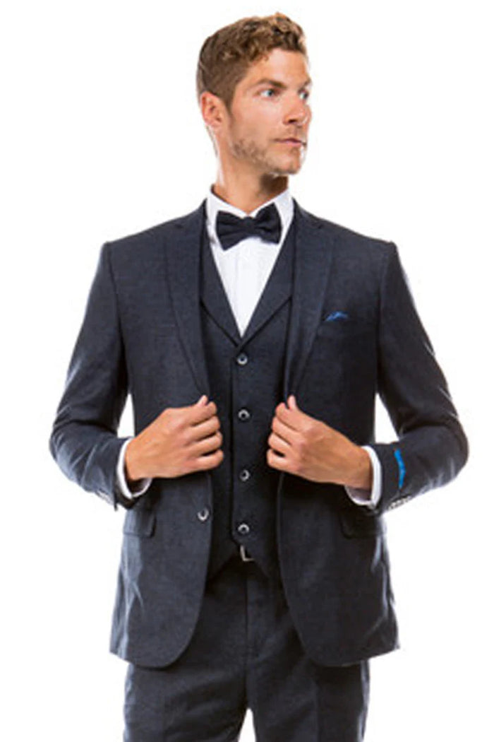 Men’s Navy Blue Vintage Tweed Wedding Suit – Two Button Jacket with Matching Vest