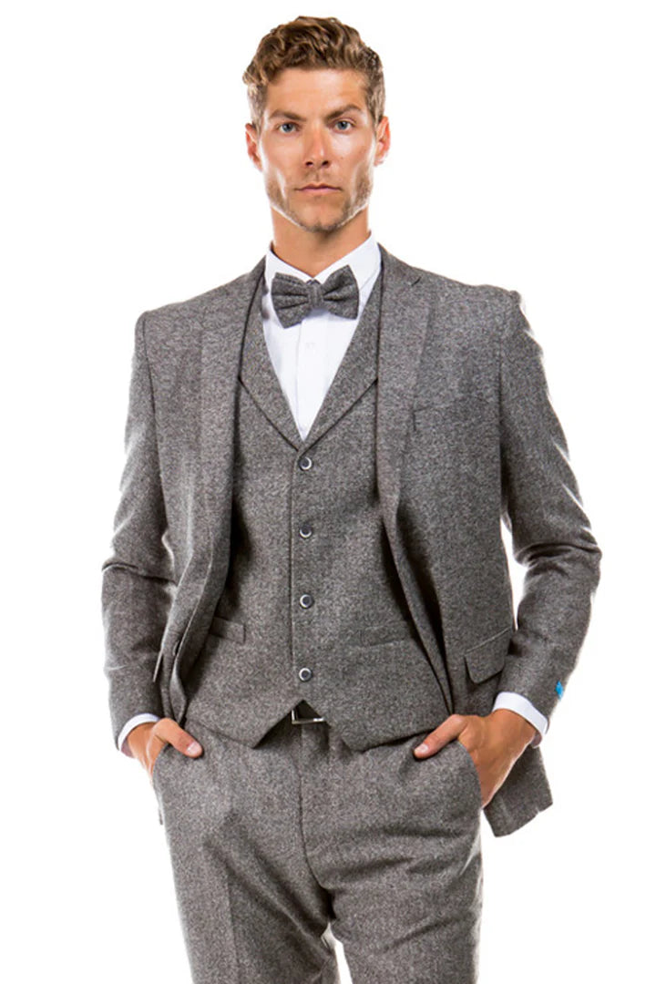 Men’s Two Button Vested Vintage Style Tweed Wedding Suit in Grey – Classic 3 Piece Formal Suit