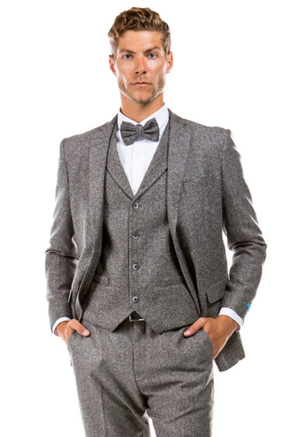 Men’s Two Button Vested Vintage Style Tweed Wedding Suit in Grey – Classic 3 Piece Formal Suit