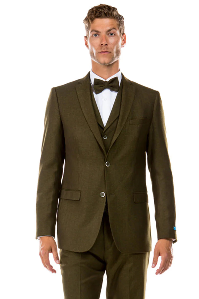 Men’s Olive Green Vintage Tweed Wedding Suit – Two Button Jacket with Vest