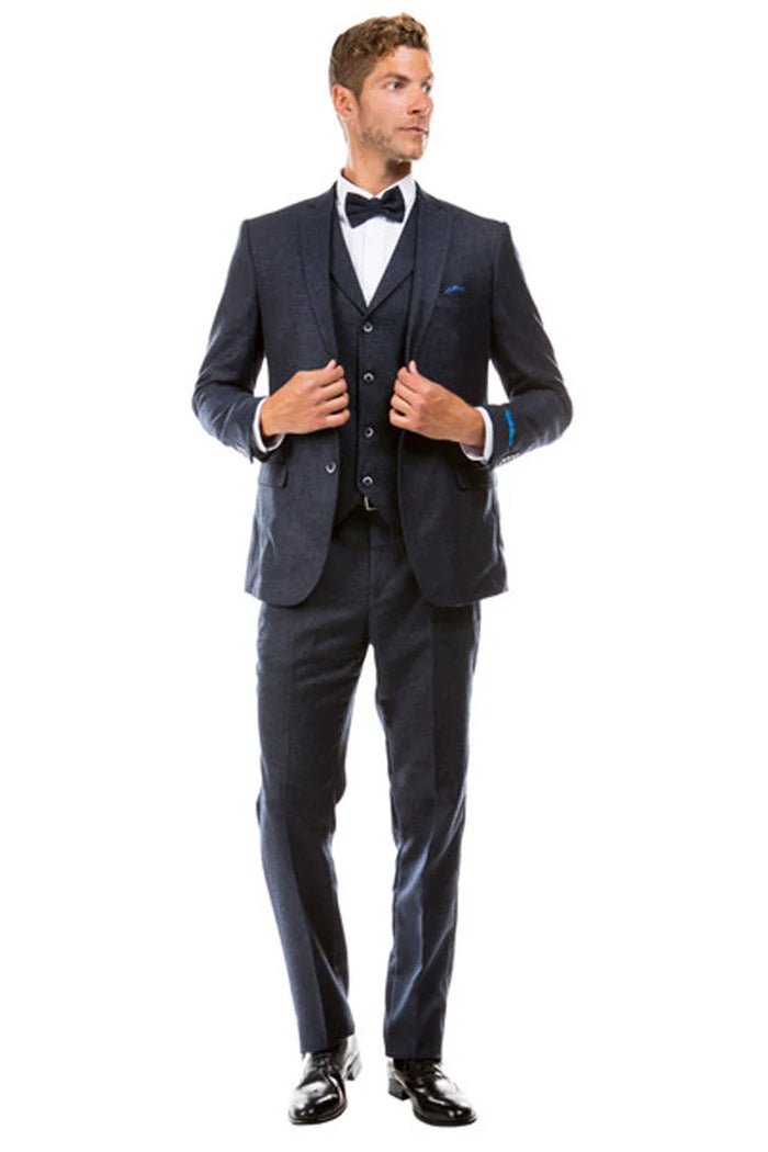 Men’s Navy Blue Vintage Tweed Wedding Suit – Two Button Jacket with Matching Vest